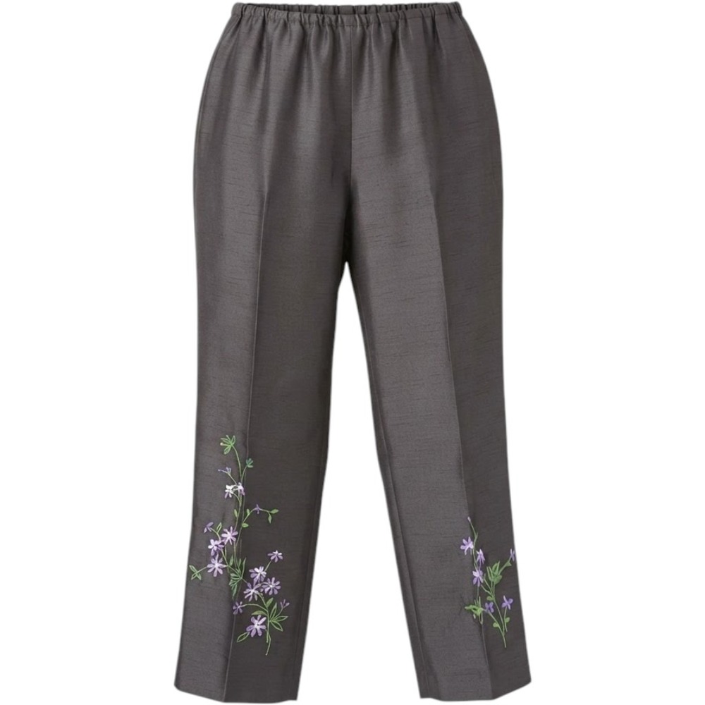 (CL) Sag Harbor Women 12 Charcoal Grey Floral Embroidered Elastic Waist Pants